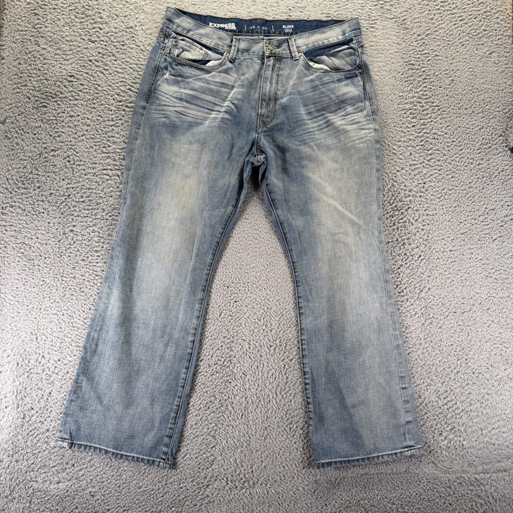 Express Blake Jeans Mens 36x30 Blue Cotton Denim Bootcut Leg Loose Whiskered
